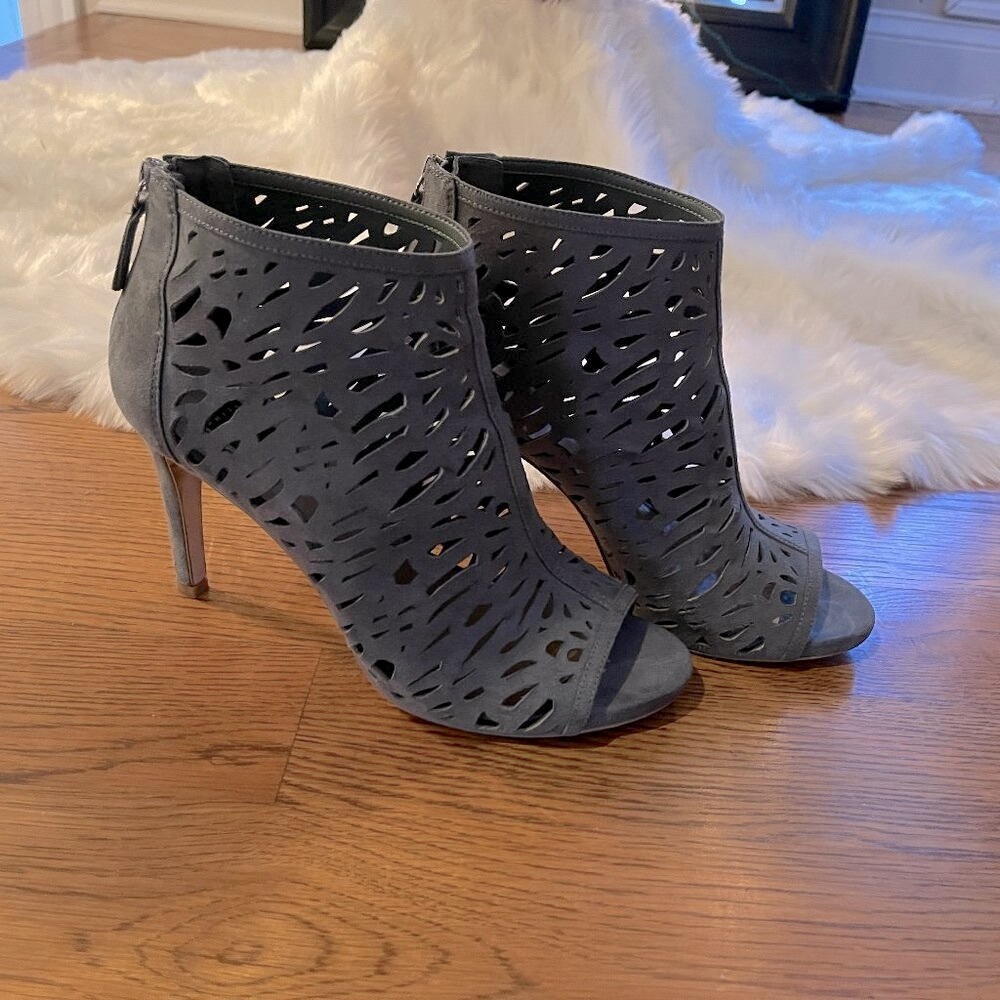 WHBM Laser-Cut Heeled Booties | Winter Green | Size 9.5